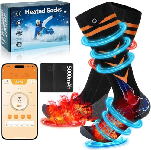 Beheizbare Socken für Herren Damen, Jkevow Beheizte Socken 5v 5000 mAh Wiederaufladbare Batterien 4 Heizstufen mit APP-Steuerung Heizsocken für Skifahren, Wandern, Radfahren