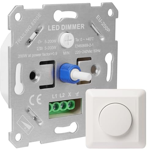 URing Dimmer Schalter LED Dimmer 230V Dimmschalter für Dimmbare LEDs/Halogen 5-200W Dimmer für LED Lampen, Unterputz Lichtschalter Dimmbar Drehdimmer inkl. Weiße Abdeckplatte, Ohne Klemmkrallen