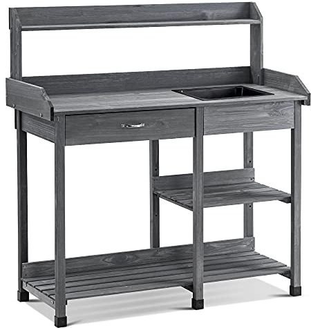 MCombo Pflanztisch Gärtnertisch Blumentisch 0458EY mit Waschbecken Schublade und Ablagefläche Wetterfest Holz, 115 x 45 x 121 cm (Anthrazit)