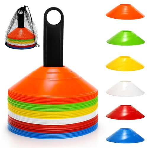 Tebery 60 Stück Markierungshütchen inklusive Halter und Tasche, Sport Fussball Hütchen Set, Markierungsteller für das Training im Fussball, Hockey, Handball