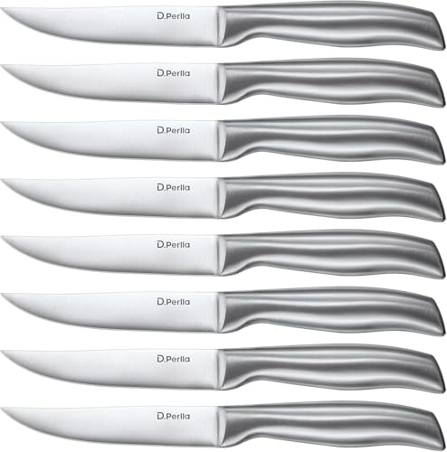 D.Perlla Steakmesser 8-teiliges Extra scharfes Steakmesser Set mit gerader Klinge, Professionelles Steakmesser mit gerader Kante für den Küchentisch, Einteiliges Schmieden aus Edelstahl, 23.1CM
