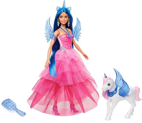 Barbie Ein verborgener Zauber - Puppe mit Einhorn, pinkfarbenes Kleid mit Saphirblauen Details, Einhorn-Stirnband, abnehmbare Saphirflügel und Schwanz, für Kinder ab 3 Jahren, HRR16