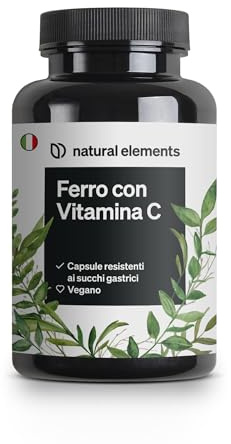 natural elements Eisen 20mg (aus Eisenbisglycinat) pro Kapsel – mit 42mg natürlichem Vitamin C – vegan, geschmacksneutral – 180 Kapseln – Premium-Rohstoff: FerrochelTM (Eisen-Chelat)