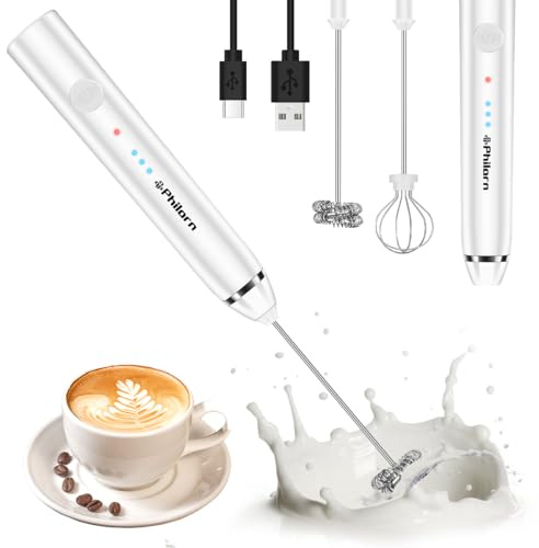 Philorn Milchaufschäumer Stab, Milchaufschäumer Elektrisch Stab Hand Held, 3-Gang USB-C Aufladbar Aufschäumer, Manuelle Milchschäumer für Kaffee/Latte/Cappuccino/Eier Schlagen (Schwarz) (Weiß)
