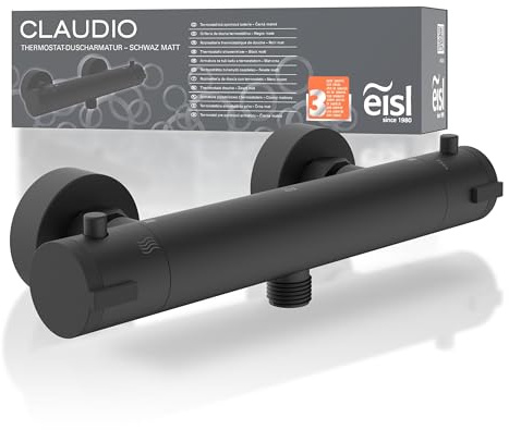 EISL CLAUDIO Duscharmatur schwarz, Mischbatterie mit Thermostat schwarz | Thermostatarmatur mit Sicherheitssperre bei 38°C, Duscharmatur mit Wassersparfunktion
