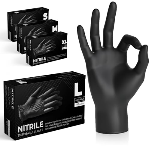 The Real Touch Einweghandschuhe, Schwarze Nitrilhandschuhe - 100 Stück Handschuhe, Puderfrei & Latexfrei Handschuhe Einweg, Einmalhandschuhe für Küche, Reinigung, und Medizin