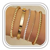 LOLIAS 5 Stück Armband Damen Gold 14 Karat Echtgold Armkette Manschetten Armband Hypoallergen Goldperlen CZ Tennis Armband Kette Stapelarmbänder Schmuck Gold Für Damen