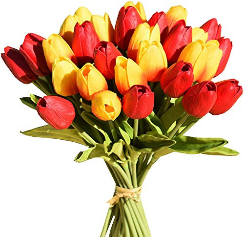 Tifuly 24 Stück Künstliche Tulpen, Realistische Latex-Tulpe mit Weichem PU-Stiel, Elegante Blumendekoration für Brautsträuße, Haus, Party, Büro, DIY Blumenarrangements(Rot Sonnenuntergang)