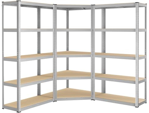 SONGMICS Eckregal-Set 5 Ebenen, Schwerlastregal, Metall, Lagerregal für Garage, Abstellraum, Kellerregal, bis 2625 kg belastbar, silbern-naturbeige GLR070E03