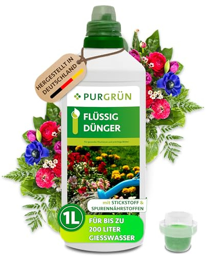 Purgrün® Flüssigdünger 1 Liter – Fördert Wachstum & Blütenbildung – Für Innen & Außen – Premium-Flüssigdünger mit Spurennährstoffen – Premium-Dünger mit Spurennährstoffen – Für 200 Liter Gießwasser
