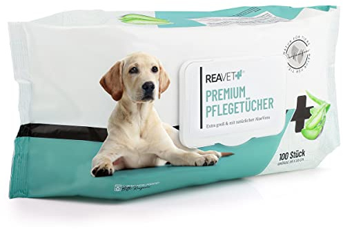 ReaVET Pflegetücher Hund, 100 Stück, XXL Feuchttücher Hunde, Katzen - Extra Große Hypoallergene & Reißfeste Reinigungstücher, Feuchttücher Hund für Po, Pfoten, Augen & Ohren