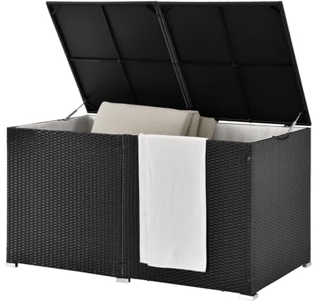 Juskys Polyrattan Auflagenbox Ikaria 950 L inkl. Deckel mit Hubautomatik & Innenplane - Kissenbox 145 x 82 x 79 cm für Garten - Gartenbox schwarz