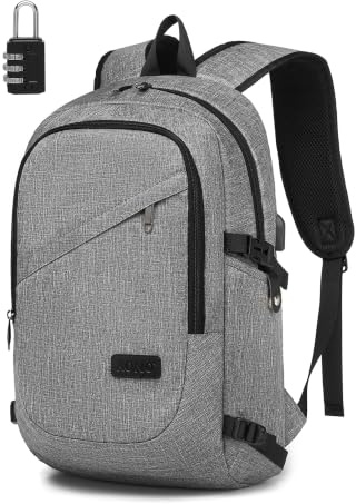 KONO Laptop Rucksack Herren Arbeit 15,6 Zoll, Grau | Leicht & Wasserabweisend, Arbeitsrucksack mit USB-Anschluss, Zahlenschloss & Laptopfach für Büro, Uni und Reisen
