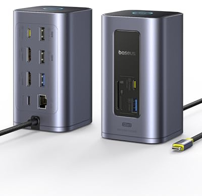 Baseus Nomos Air 12 in 1 Docking Station Dockingstation 2 Monitore für Windows, mit 4K HDMI, 10Gbps USB-C/A, SD/TF, 100W PD, Gigabit Ethernet, Kompatibel für Laptop HP/Lenovo/Dell/Acer