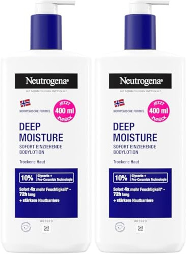 Neutrogena Norwegische Formel Deep Moisture Körperlotion, 2 x 400 ml | Nicht fettende Bodylotion mit 10 Prozent Glycerin & Pro-Ceramide Technologie, 72h intensive Feuchtigkeit, für trockene Haut