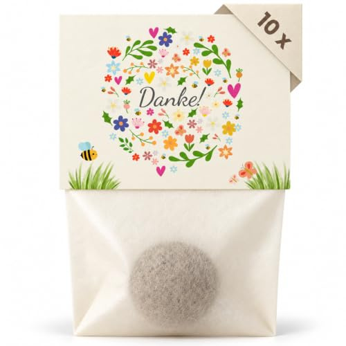Kleines Dankeschön Geschenk (10 x Samenbomben mit Danke Karte) | Blumensamen als Gastgeschenk, Abschiedsgeschenk oder Mitgebsel - Blumenkugeln als Kleinigkeit für Kollegen und Hochzeit