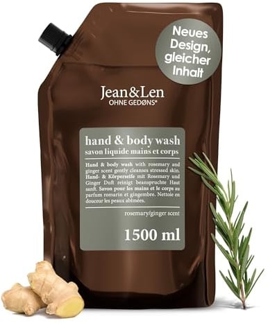 Jean & Len Hand & Body Wash Rosemary und Ginger im Nachfüllbeutel, reinigt und pflegt die Haut, würzig-frischer Duft, Flüssigseife im Nachfüllpack, ohne Silikone & Parabene, 1,5L