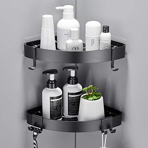 GERUIKE Duschregal Ohne Bohren Duschablage Schwarz Eckregal, Dreieck Duschkorb, Badezimmer Regal Badregal, Dusche für Bad Küche Toilette, Aluminium, 2 Stück