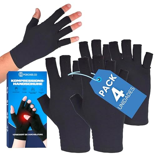 Podcase 4er-Set Arthrose Handschuhe ohne Finger für Damen und Herren – Kompressionshandschuhe für Arthritis, Rheuma – Reduziert Entzündungen – Fingerlose Handschuhe für die Hände (S)