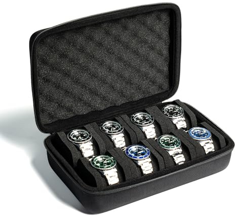AUKURA Uhrengehäuse mit 8 Fächern, Hartschalen-Aufbewahrungsbox, harte Uhrenbox, gepolsterte Hülle für Uhren-Display und Organisation