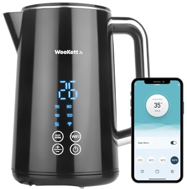 Alexa Wasserkocher mit Temperatureinstellung - Sprachsteuerung mit Alexa, Home assistant & Siri, Warmhaltefunktion, LED-Touchdisplay, isolierter Edelstahl, Cool Touch, BPA-frei, Schwarz, 2200W, 1,7L