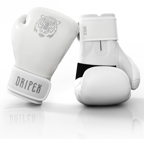 Dripex Boxhandschuhe, Boxing Training Gloves, Muay Thai Kickboxen Sparring, Boxsack Punchinghandschuhe für Männer, Frauen und Jugendliche Kickboxhandschuhe Weiß(12 oz)