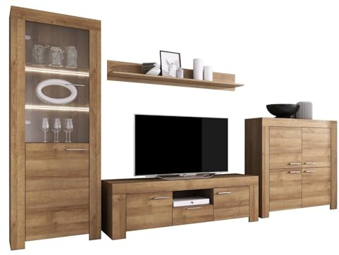 Furniture24 Wohnwand Anbauwand Sky - Tv Schrank Vitrine mit LED Beleuchtung Hängeregal Kommode (Riviera Eiche)