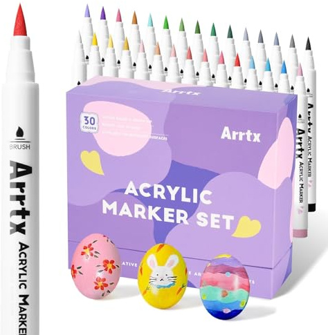 Arrtx Acrylstifte für Steine Bemalen, 30 Farben Acrylstifte Marker Pinsel Spitze, Permanent Filzstifte für Steine malerei, Keramik, Glas, Holz, Metall, Leinwand, DIY Fotoalbum