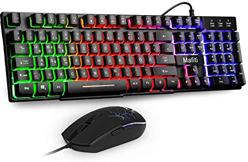 mafiti Tastatur und Maus Set, Kabelgebundenes, LED Hintergrundbeleuchtung QWERTZ (DE-Layout), Regenbogen Farben Beleuchtetung für Gaming und Büro