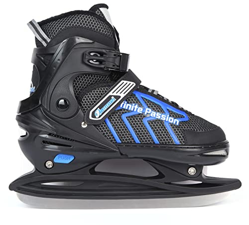 XIUWOUG Verstellbar Eishockey Schlittschuhe für Herren Damen Erwachsene Kinder, Edelstahl Ice Skates, Eislaufschuhe mit Schnellschnürsystem & Push-Lock-Schnalle für Sicheren Halt,Schwarz blau,L39_42