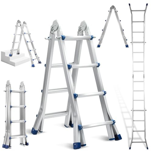 Eulenke Teleskopleiter Aluleiter 4.02m 4x4 Sprossen Mehrzweckleiter, 4 in 1 Klappleiter 150 kg Belastbarkeit, Anlegeleiter, Treppenleiter, Bockleiter, Schiebeleiter