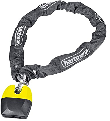Hartmann Schlossketten-Kombination 150 cm, Hochwertiges Motorrad-/Fahrrad-Kettenschloss, Gehärtete Vierkantkette, Textilschlauch, Schlagzähes Material, Anbohr- & Pickingschutz, Diebstahlschutz Grau