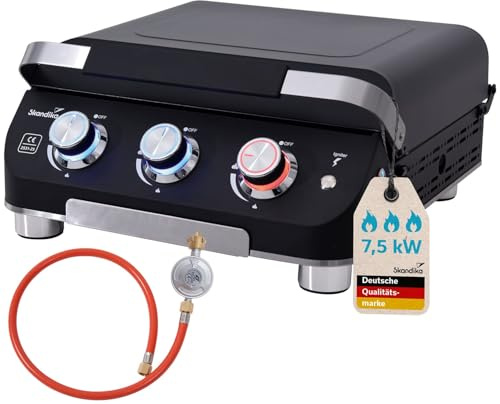 Skandika Plancha Grill Palo 3-Brenner Plus| Gasplancha Grillplatte mit Deckel, 3 Brenner, transportabler Gasgrill mit Kochplatte | Outdoor, Camping, Balkongrill, Tischgrill, Grillplancha, Gasbräter