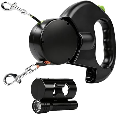 Nimomo Hundeleine Rollleinen 3,0M, Automatische Leinen Einziehbare Doppel-Hundeleine Dog Lead Pet Leash 1 Abschleppseil 2 Doppel mit Taschenlampe und Taschenspender