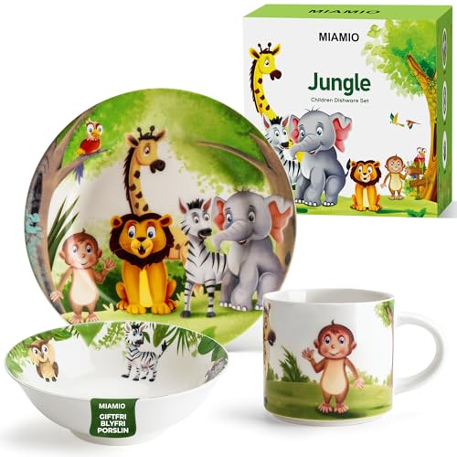 MIAMIO - Kindergeschirr Set Keramik/Geschirrset Kinder 3er Set (Dschungel) | Geschirr für Kinder, Kinderteller, Geschirrset aus Teller, Schüssel & Tasse mit Dschungel-Design - spülmaschinenfest