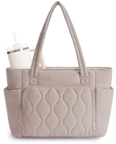 Ceneda Tote Bag Damen 20L, Leichte Puffy Shopper Tasche mit 15,6 Zoll Laptopfach, Handgepäck Tasche für Flugzeug mit Getränkehalter & Kofferaufsteckfunktion, Arbeitstasche für Büro & Uni, Beige