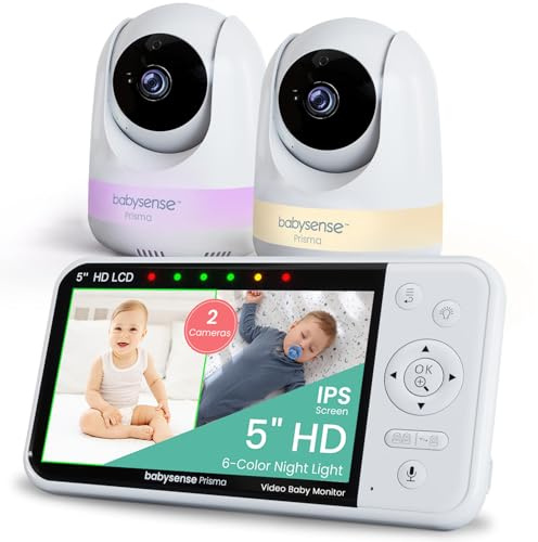 Babysense Babyphone 720p HD 5 Zoll mit 2 Kameras, Video Babyphone ohne WLAN, 6-Farben-Nachtlicht, Wiegenlieder, 300m Reichweite, Zwei-Wege-Audio, 4-facher Zoom, 4000mAh Akku