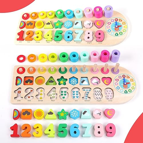ANPEAC Holzpuzzles mit Lernuhr, Montessori Holz-Puzzle-Spielzeug | Lernspiel Mathematik für Kinder Baby 3 4 5 6 Jahre, Zahlen Formen Farben erkennen, Geschenk für Jungen Mädchen
