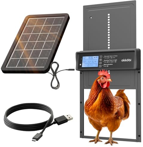 Okkobi Hühnerklappe Automatisch Solar - LCD Display - Automatische hühnerklappe mit Fernbedienung, Lichtsensor & Timer - Sicherheit & Seelenfrieden: Sicherheitsmechanismus - 5 Jahre Schutz