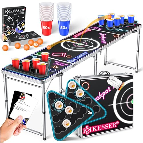 KESSER® Bier Pong Tisch Set mit Kartenspiel, Trinkspiel inkl. 100 Becher (50 Rot & 50 Blau), 6 Bälle & Regelwerk, Partyspiel, Table Höhenverstellbar & Klappbar
