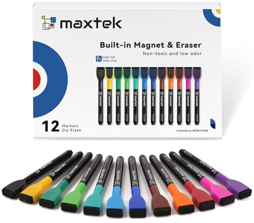 maxtek Magnetische Whiteboard Marker, 12 Farben Stifte abwischbar mit Radiergummi, Feinspitze 1–2 mm Linienbreite, Folienstifte für Zuhause, Schule & Büro (12 Stück)