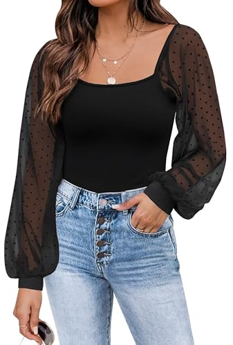 Timuspo Damen Bluse Puffärmel Slim Fit Elegant Ribbed Knit Langarmshirt Tops Mesh Oberteile Rundhals Ausschnitt T Shirts mit Polka Dots