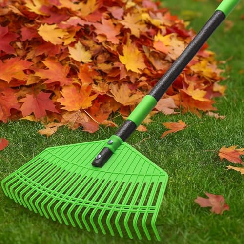 Laubrechen, 42cm breite Gartenharke für Hof Rasen, 145 cm Verstellbarer Langer Griff Garten Laubrechen, 24 Zinken Kunststoff Kopf Rechen für Sweep Laub, Gras, Leichtgewicht für Frauen Senioren Kinder