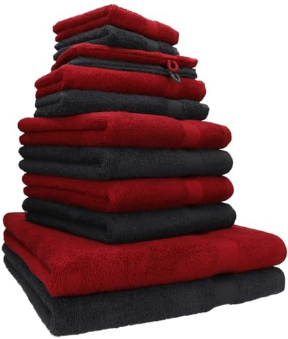 Betz Premium Handtuch-Set 12-teilig, Oeko-TEX Standard 100, 100 % Baumwolle, 470 g/m², 2 Duschtücher, 4 Handtücher, 2 Gästetücher, 2 Seiftücher, 2 Waschhandschuhe - Farbe rubinrot/Graphit