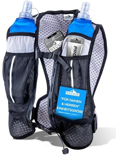 NXCUZE® Premium Laufweste Damen & Herren mit 2X 500ml Trinkflasche – Laufweste mit Trinkflasche / Trinkrucksack & Laufrucksack zum Laufen, Joggen & Trailrunning – Ultraleicht & verstellbar