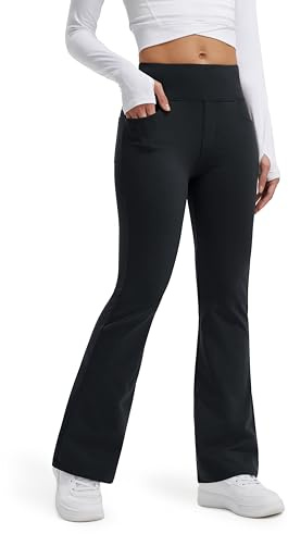 Libin Damen Thermo Flared Leggings Thermohose Wanderhose Wasserabweisend Winter Warm Sporthose Schlaghose Yogahose Bootcut Hose mit Taschen, Schwarz L