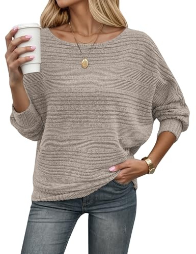 WNEEDU Pullover Damen Herbst Elegant Dünne Fledermausärmel Strickpullover | Herbst outfit, winterpullover, langarm pulli sweatshirt, geripptes sweater, langarmshirt, lässig oberteile longpullover