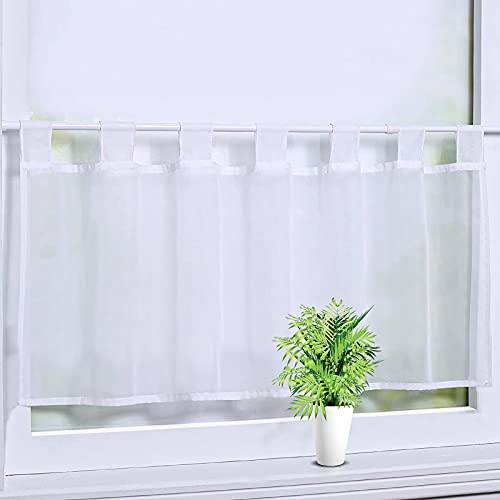 Scheibengardine, Weiß Voile Bistrogardine mit Schlaufen Transparente Kurzstore Kurzvorhang Küchen Vorhang Kurzgardine Gardine Stores HxB 45x90cm