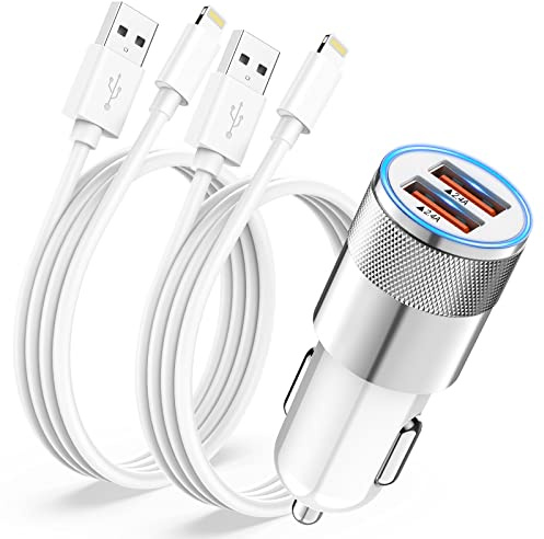 Zigarettenanzünder USB Auto Adapter,2.4A Auto Ladegerät mit 2X iPhone Ladekabel [Apple MFi Zertifiziert],Kfz Ladegerät Ladeadapter USB Zigarettenanzünder Stecker für iPhone 14 13 12 11 Pro Max/X/8/7/6