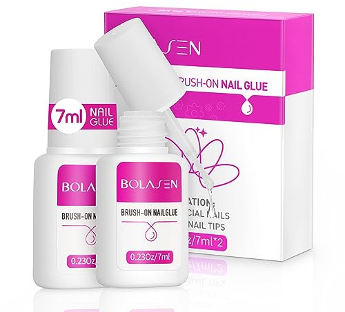 BOLASEN Nagelkleber für Tips und Nagelkunst, Extra Stark Nagelspitzen, Pinsel inklusive, 2 x 7ml